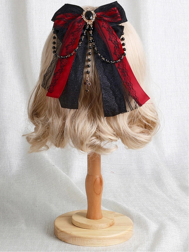 Red Black Cross Charms Gem Hairclip Lace with Bow