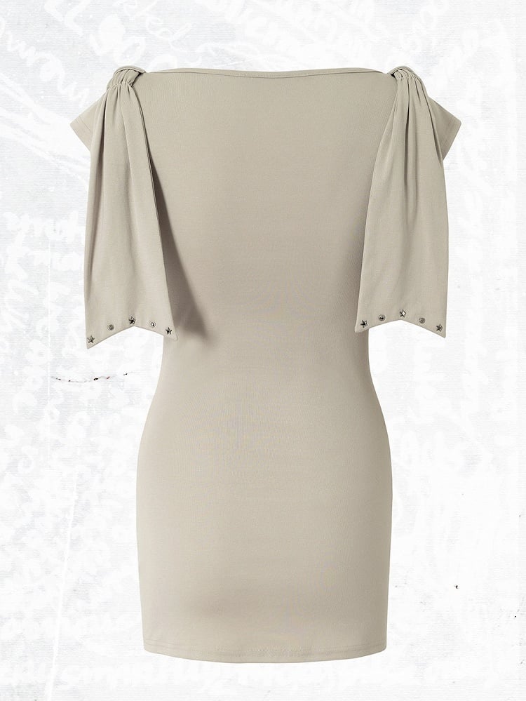 Beige-Grey Knit Short-Sleeve Top with Rhinestone Design - NO ROMANCE