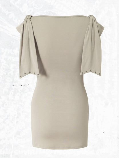 Beige-Grey Knit Short-Sleeve Top with Rhinestone Design - NO ROMANCE