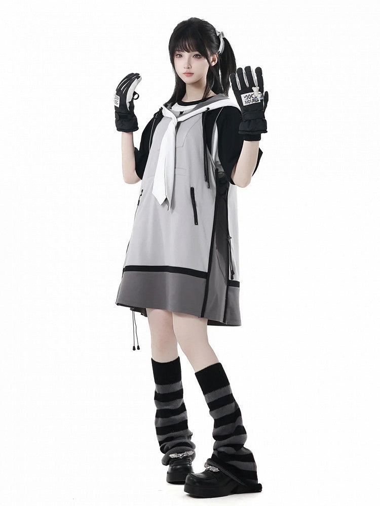 ドレスサイドテックウェアフード付きベストグレーカラーブロックデザインドローストリング