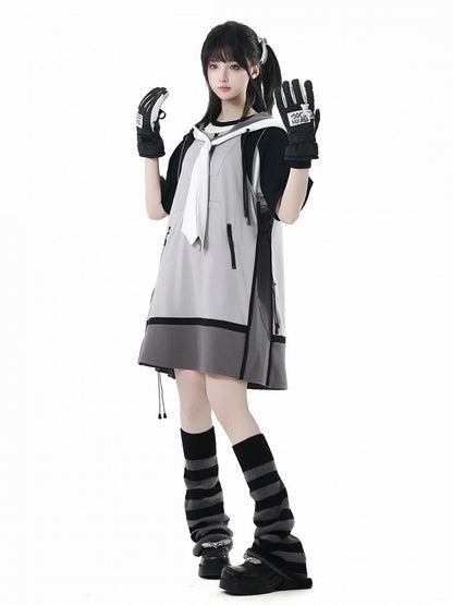 ドレスサイドテックウェアフード付きベストグレーカラーブロックデザインドローストリング