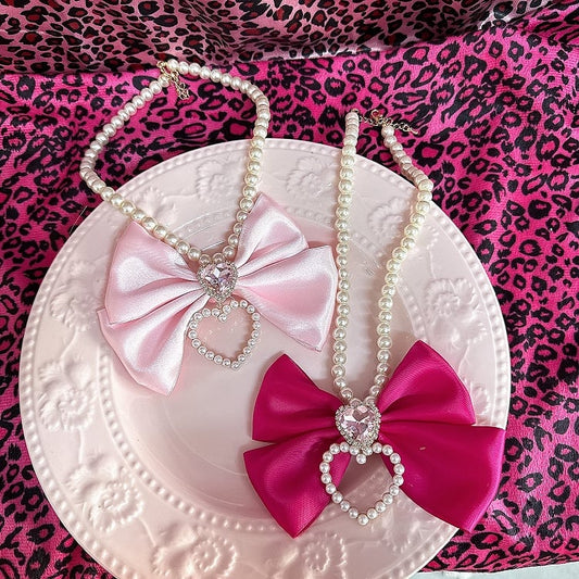 Pink/Rose Rhinestone Bow Red Gyaru Beaded Necklace Heart