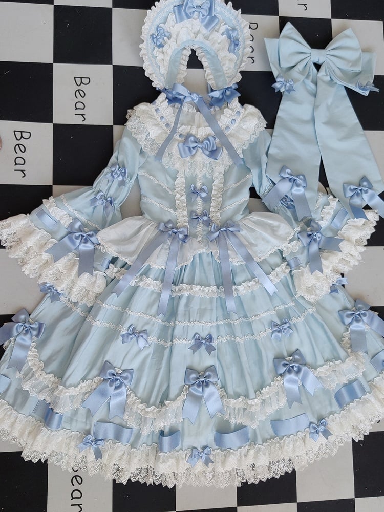 Trims Blue Bell with Lolita and Sleeves White Bow Lace Dress Hime Decorations