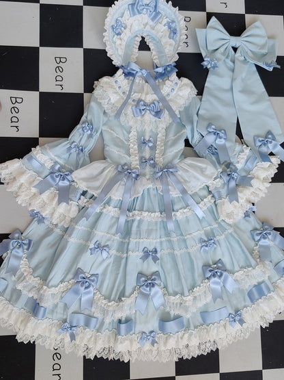 Trims Blue Bell with Lolita and Sleeves White Bow Lace Dress Hime Decorations