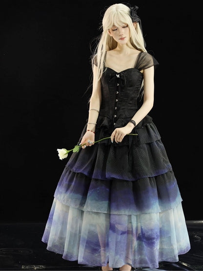 Multi-Layered Lolita to Gradient Blue Wave-Inspired Skirt Tulle Beige