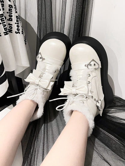 Lining Front Platform Punk Fastener Lace-Up Decorative Plush with White Heart Boots in Style Inner PU