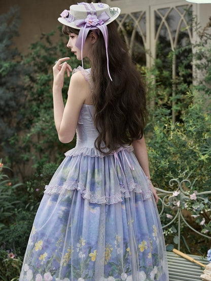Purple Oil Painting Print Lolita Jumper Skirt Dress with Bustier-Style Boned Bodice - Haw Berry