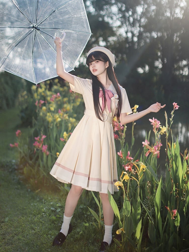 mit Faltenkasten Matrosengelb Milch Taille Kleid Rock Kragen Gürtel