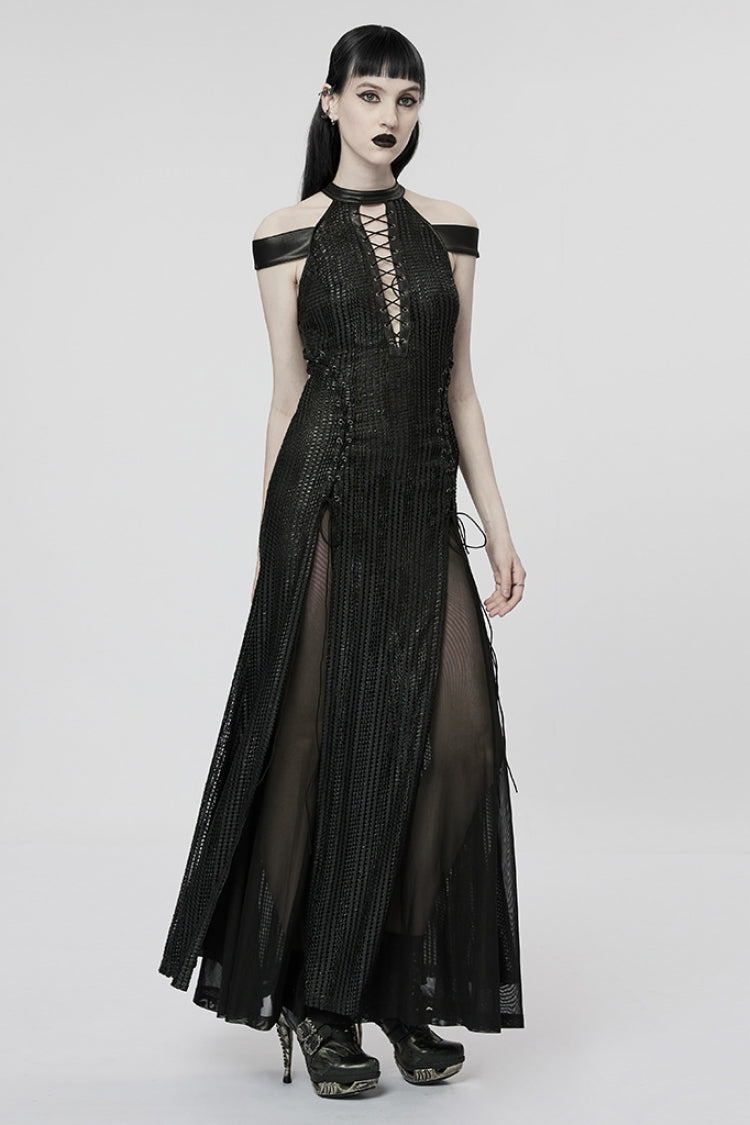 Black Side Slit Hollow Lace-Up Slim Mesh Gothic Dress with Detachable Cape