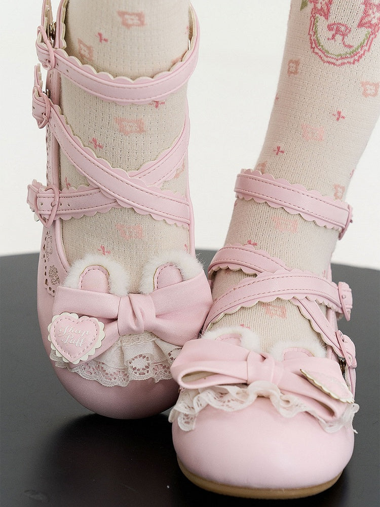 Bear Design Lolita Ear - Sweet Buttons Plush Janes Heart Adjustable Mary Crisscross with Bow Pink PU Snap