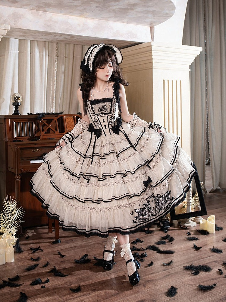 Swan-Embroidered Ruffled JSK Dress in Beige & Black - U.Rtto