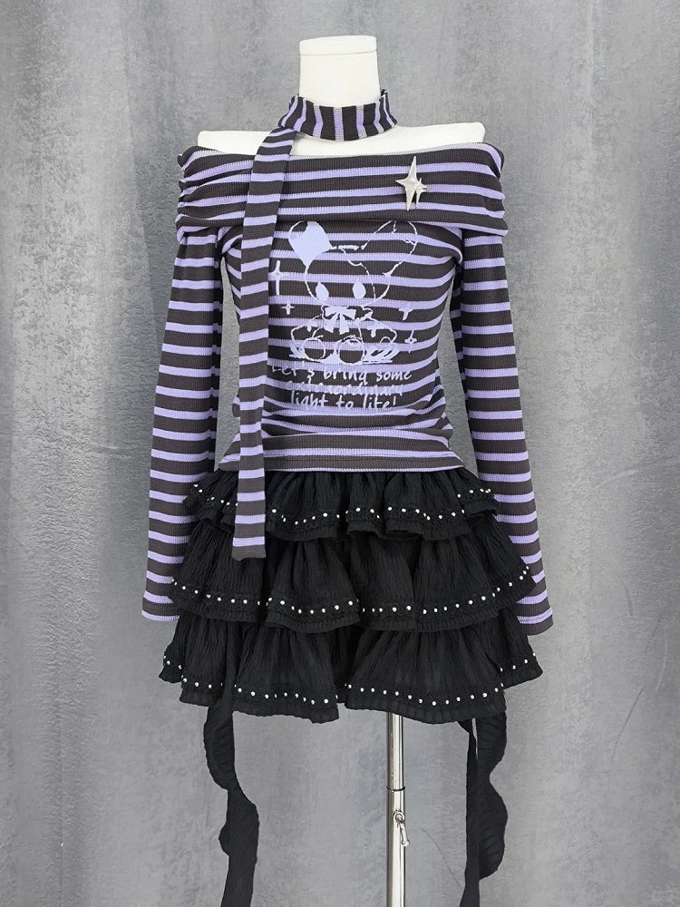 Neckline Striped Top Off-the-shoulder with Free Gray and Y2K Purple Scarf