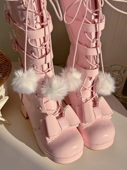 Multi-Closure Boots Pompom PU Plush Laces Sakura - System with Pink Collar Elegant Lolita Knee-High