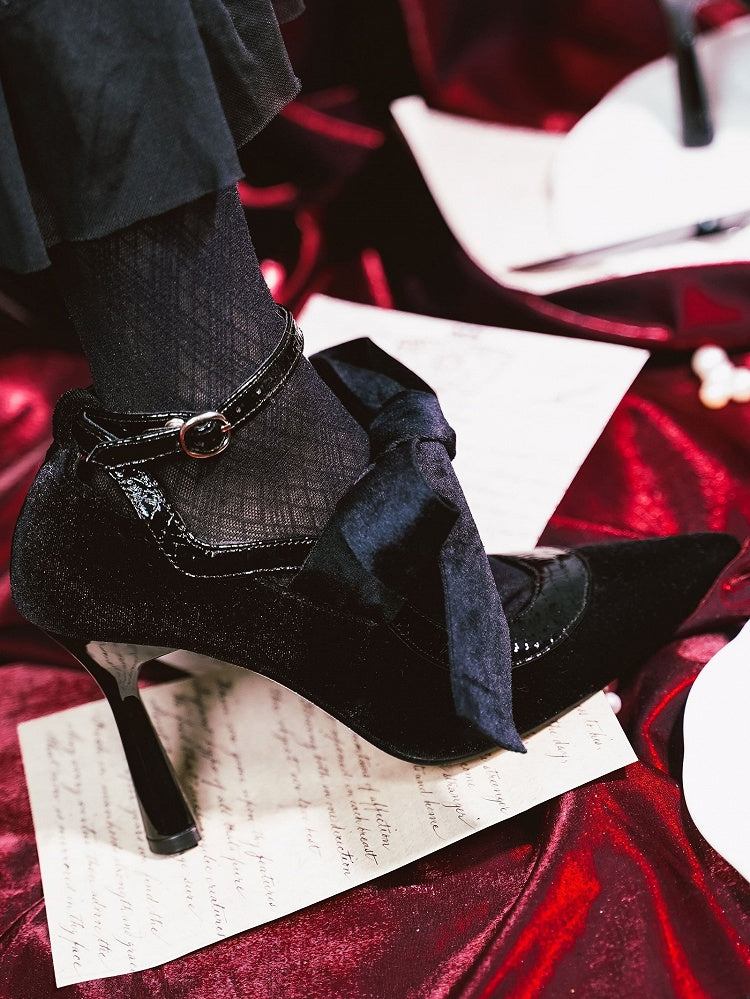 Shoes Black Bow Decor Toe Pointed Design High-heel Velvet Knotted
