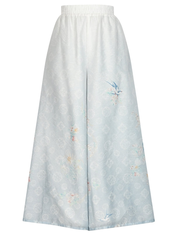 Farbverlaufshose Chiffon Blumendruck Bein Weit Blau
