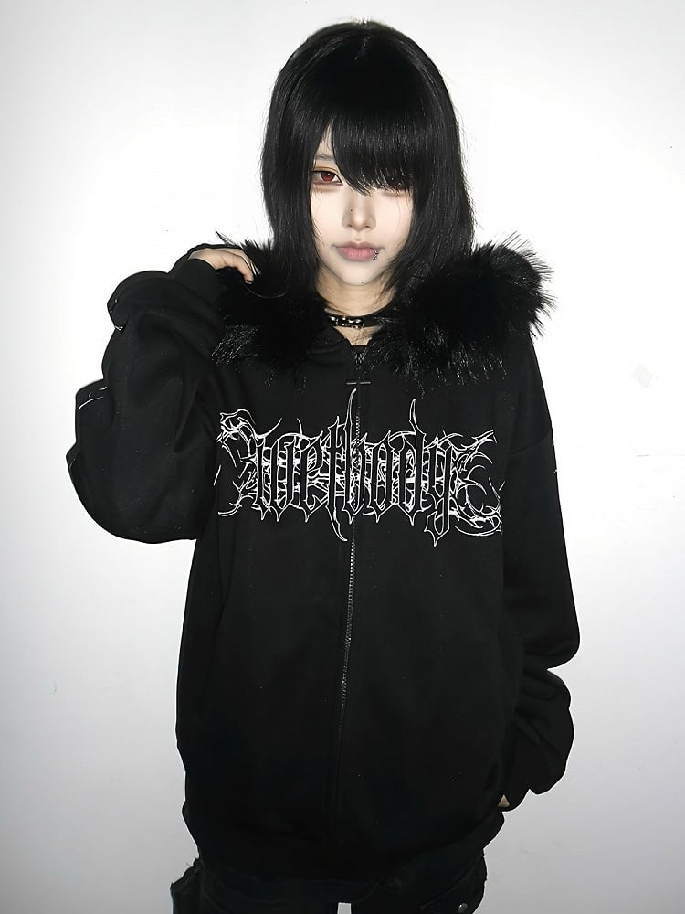 Y2K Dark Hooded Jacket with Detachable Fur Collar and White Floral - Alita26SS