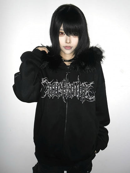 Y2K Dark Hooded Jacket with Detachable Fur Collar and White Floral - Alita26SS