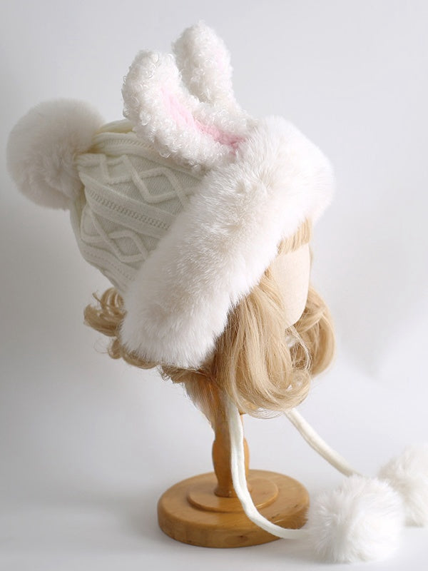 White Sweet Lolita Bunny Ears Knitted Plush Hat With Pompons
