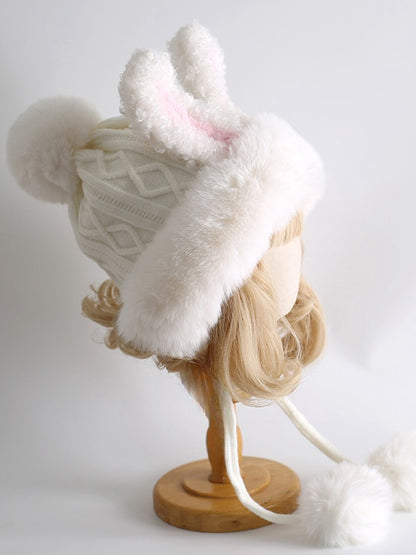 White Sweet Lolita Bunny Ears Knitted Plush Hat With Pompons