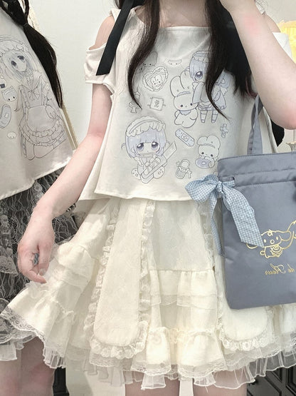 Jirai Kei T-Shirt Yami Kawaii Cartoon Print Ausschnitt Schulter Weiß