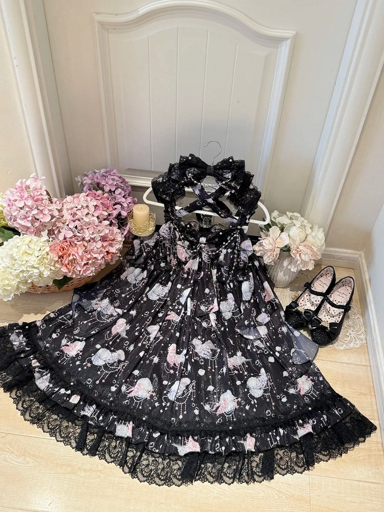Black Marine Print Halter Neck High Waist Sweet Lolita Jumper Skirt - Meng Fu Zi