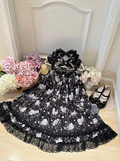 Black Marine Print Halter Neck High Waist Sweet Lolita Jumper Skirt - Meng Fu Zi