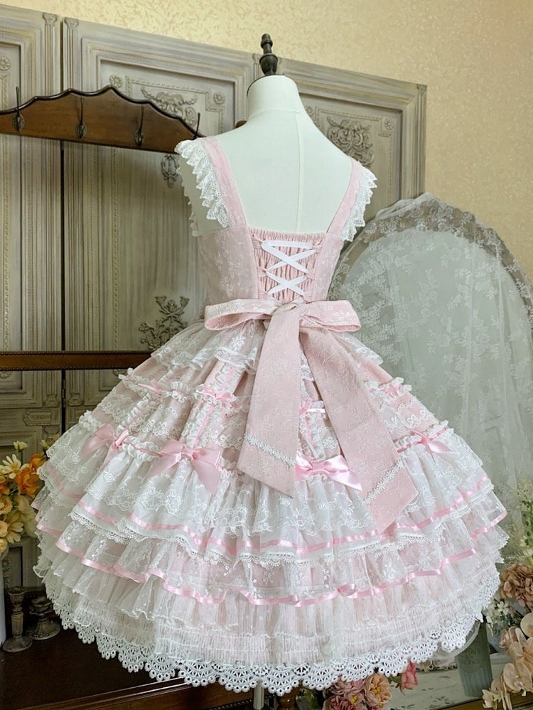 Kleid und Taillen-Lagenpullover abnehmbar mit Hanayome Pink Bows Ausschnitt Rock Lolita Hime auf