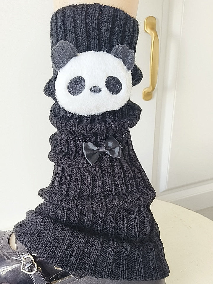 Creamy White/Black Panda & Bow Decoration Leg Warmers