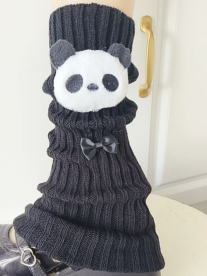 Creamy White/Black Panda & Bow Decoration Leg Warmers