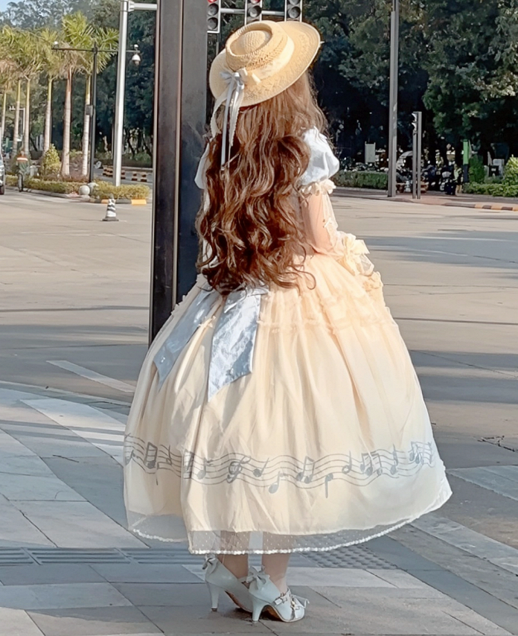Dress Blue Version Print Lolita Elegant Note Beige Lace Violin Classic with Embroidery Long Musical