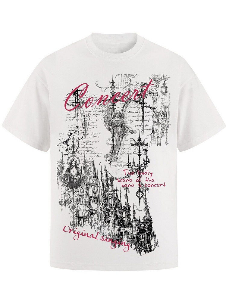 Gothic Print White Tee with Crew Neck and Short Sleeves - KNOW8 Online Shop