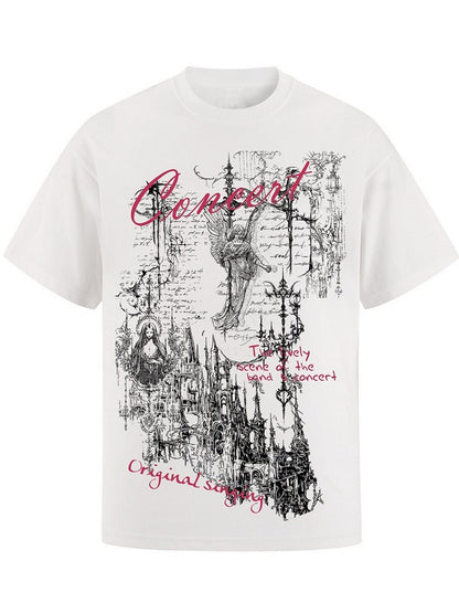 Gothic Print White Tee with Crew Neck and Short Sleeves - KNOW8 Online Shop