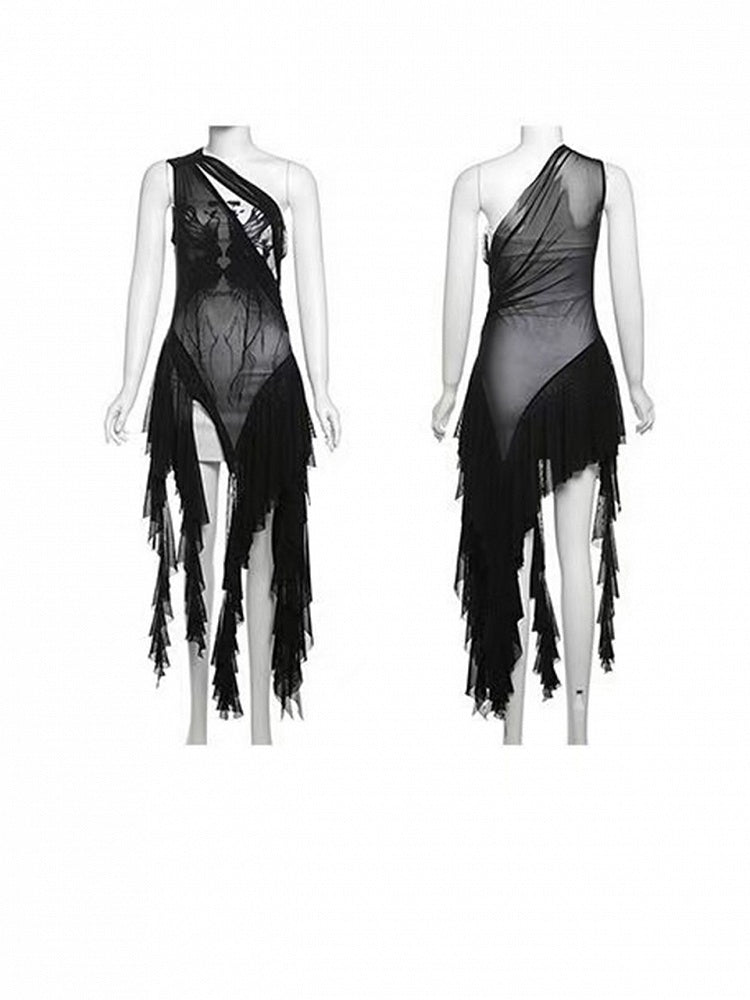 アクセント ビタースウィート カスケード ブラック ラッフル セミシアー