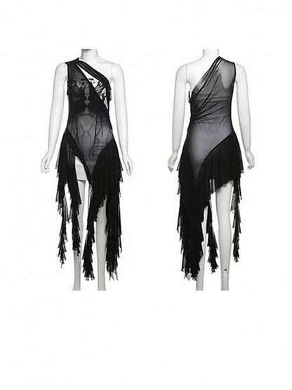 アクセント ビタースウィート カスケード ブラック ラッフル セミシアー