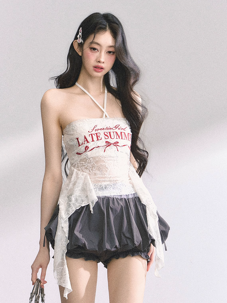 トップス ホワイト アシンメトリー レースヘム ホルターネック