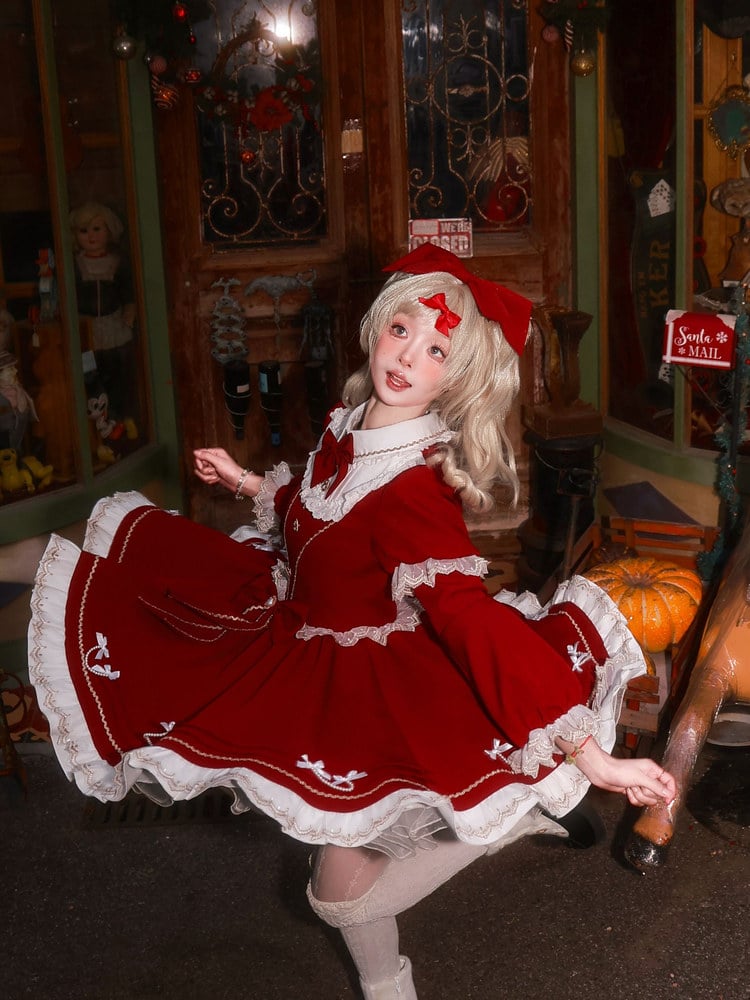 New Dress / Hem with Red Christmas Year Sleeves Lolita Pearl-Chain Bow Accents Long