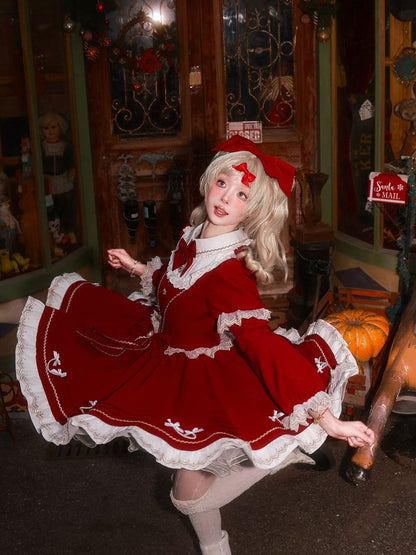 New Dress / Hem with Red Christmas Year Sleeves Lolita Pearl-Chain Bow Accents Long