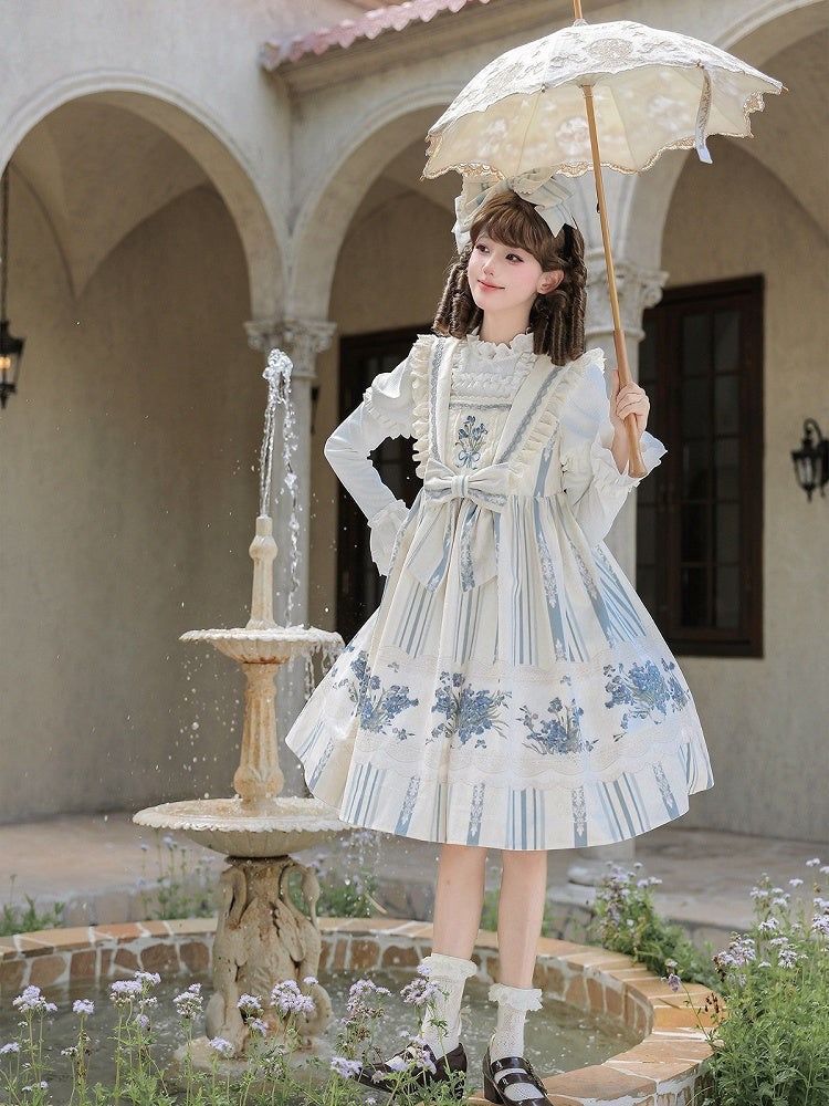Blue & White Striped Floral Embroidered JSK Set with Knit Top, Belt & KC - With PUJI