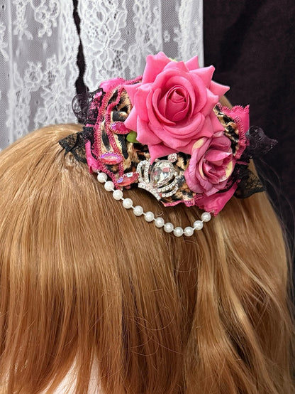 Rhinestone Decorated Hairclip Floral Design Pink BlackRose Crown