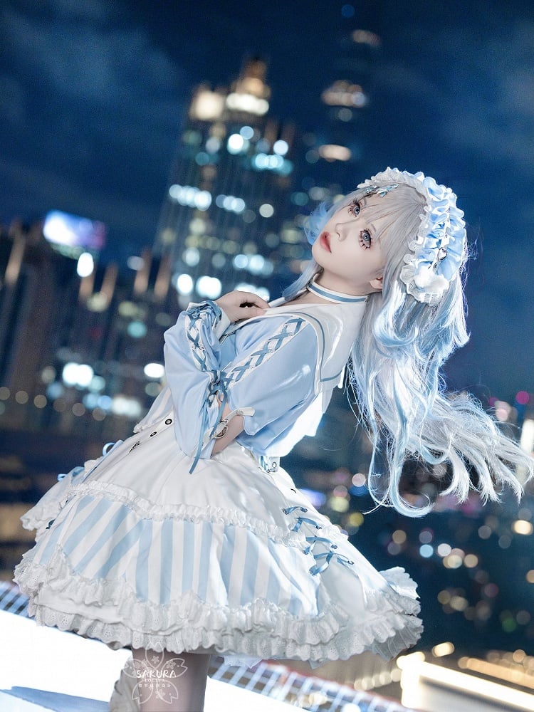 Kitty Light Bow Kaiwai Set Blaues JSK-Kleid Kurz geschnittenes Tenshi Lolita Sailor Striped Big Top Muster Ohren + - Kragen