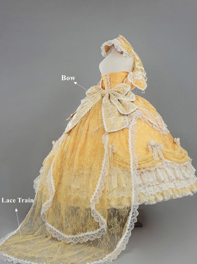Lolita Layered Gown Lace Yellow Version and with Long Hanayome Ruffles Bow Hime Details Off-Shoulder