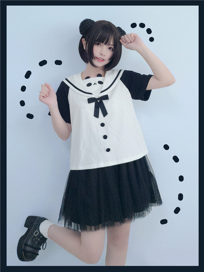 Sailor Design Collar Black and White Top Panda