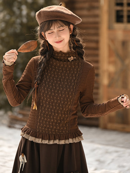 Braunes Oberteil mit Rüschenausschnitt und langen Ärmeln und Rüschensaum
