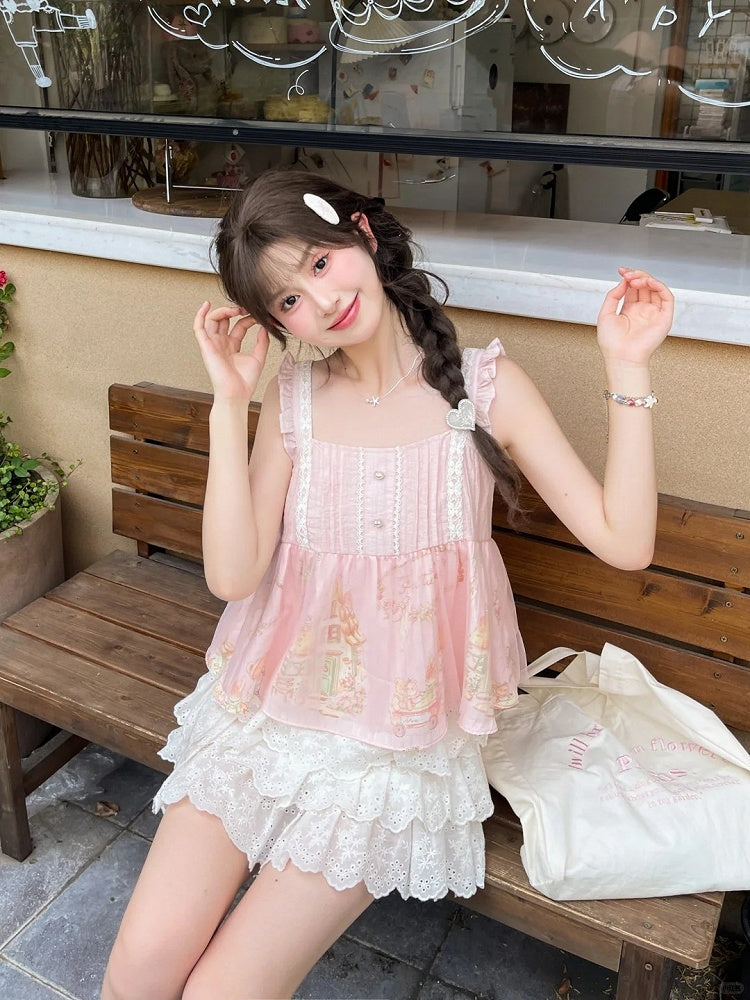 Flutter Bear Print Sleeveless Top Sweet Pink Sleeves Cartoon