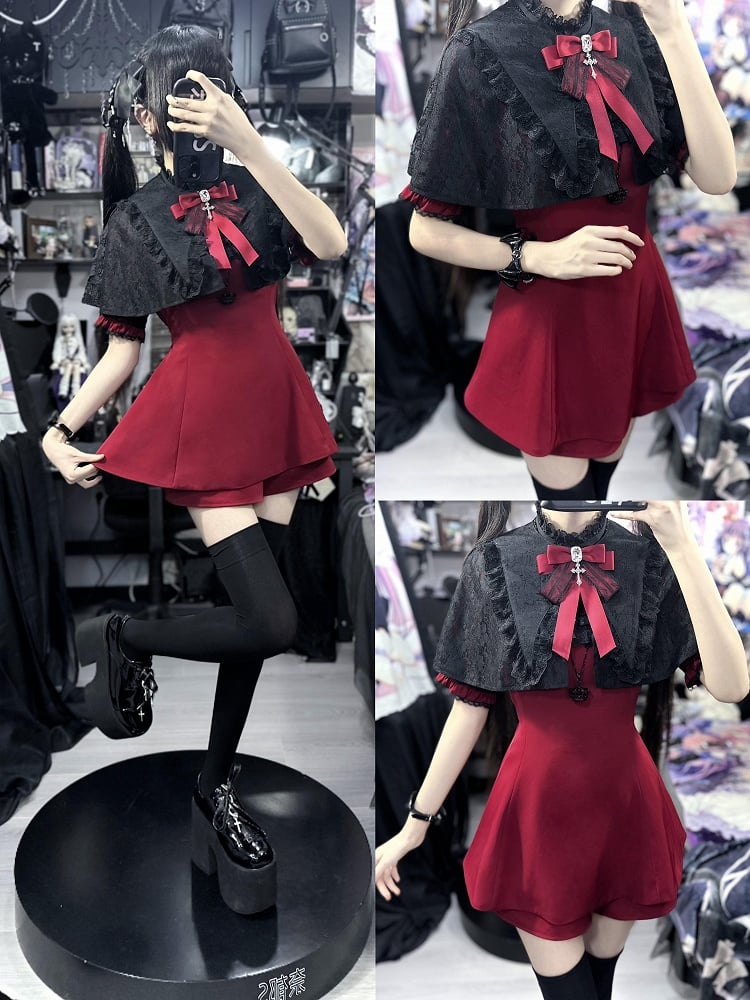 Black Kei Top Lace Set- Tie Detachable Gothic Short Faux Sleeve + Pointed Full Jirai Bow Collar Red Cape Coord Shorts