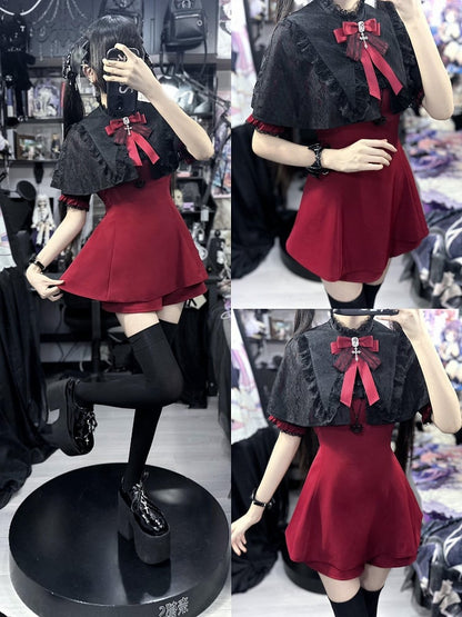 Black Kei Top Lace Set- Tie Detachable Gothic Short Faux Sleeve + Pointed Full Jirai Bow Collar Red Cape Coord Shorts