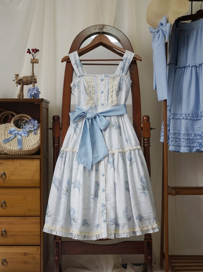 アジサイプリントのブルーのサマーフローラルドレス、フロントボタンのプラケットヘムのロリータジャンパースカート