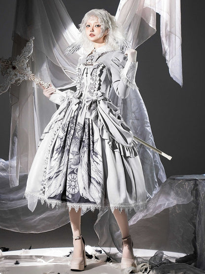 Sleeves Lolita Long Top Cropped Gray Embroidery Scale Gothic