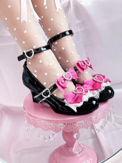 Jirai Fashion Pink and Janes Black Heels Kei Shoes Heart Wedge Cut-out Gyaru Mary