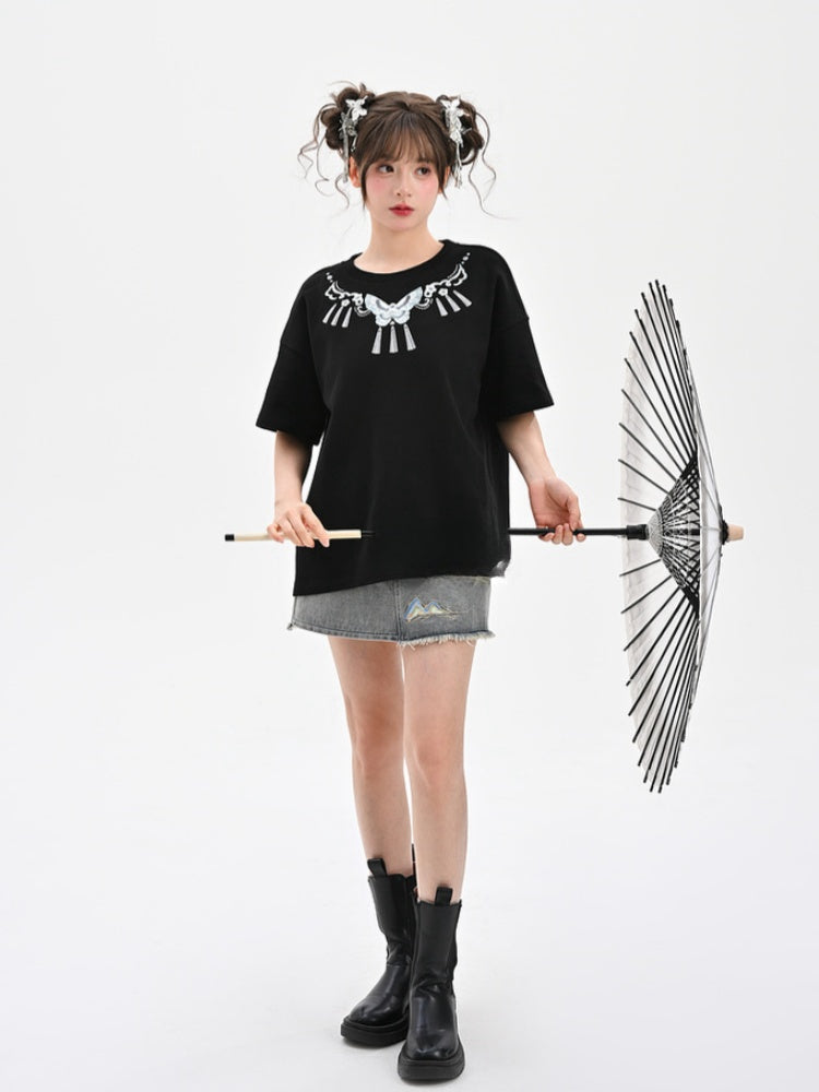 Black Round Butterfly Embroidery Cheongsam Style T-Shirt Neck